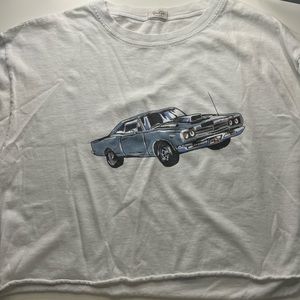 john galt/ brandy melville blue car graphic tee crop top (os) baggy fitting